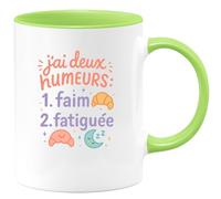 quotedazur - Mug j'ai deux humeurs : 1. faim 2. fatiguée - Tasse Cadeau Humour Femme - Vert/Céramique
