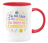 quotedazur - Mug J'ai pas l'âge de mes artères, j'ai l'âge de mes conneries - Tasse Cadeau Anniversaire Femme - Rouge/Céramique