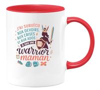 quotedazur - Mug J'ai survécu aux devoirs, aux crises et aux ados : je suis une warrior maman - Tasse Cadeau Maman Femme - Rouge/Céramique