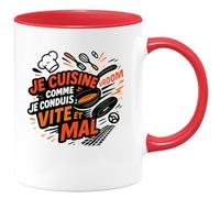 quotedazur - Mug Je cuisine comme je conduis : vite et mal - Tasse Cadeau Humour Femme - Rouge/Céramique
