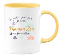quotedazur - Mug Je médite, je respire, je crie... je suis une Maman Zen en formation - Tasse Cadeau Maman Zen Femme - Jaune/Céramique