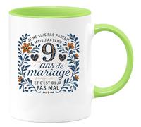 quotedazur - Mug je ne suis pas parfait mais j'ai tenu 9 ans de mariage et c'est déjà pas mal - Tasse Cadeau Noces de Faïence Homme - Vert/Céramique
