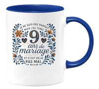 quotedazur - Mug je ne suis pas parfait mais j'ai tenu 9 ans de mariage et c'est déjà pas mal - Tasse Cadeau Noces de Faïence Homme - Bleu/Céramique