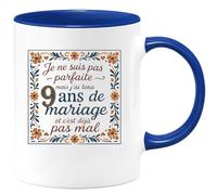 quotedazur - Mug je ne suis pas parfaite mais j'ai tenu 9 ans de mariage et c'est déjà pas mal - Tasse Cadeau Noces de Faïence Femme - Bleu/Céramique
