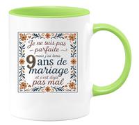 quotedazur - Mug je ne suis pas parfaite mais j'ai tenu 9 ans de mariage et c'est déjà pas mal - Tasse Cadeau Noces de Faïence Femme - Vert/Céramique