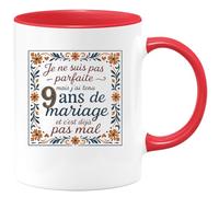 quotedazur - Mug je ne suis pas parfaite mais j'ai tenu 9 ans de mariage et c'est déjà pas mal - Tasse Cadeau Noces de Faïence Femme - Rouge/Céramique