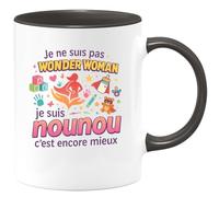 quotedazur - Mug Je ne suis pas Wonder Woman, je suis nounou c'est encore mieux - Tasse Cadeau Nounou Femme - Noir/Céramique