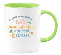 quotedazur - Mug Je parle couramment bébé, enfant capricieux et parent stressé - Tasse Cadeau Nounou Femme - Vert/Céramique