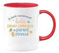 quotedazur - Mug Je parle couramment bébé, enfant capricieux et parent stressé - Tasse Cadeau Nounou Femme - Rouge/Céramique