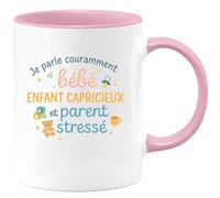 quotedazur - Mug Je parle couramment bébé, enfant capricieux et parent stressé - Tasse Cadeau Nounou Femme - Rose/Céramique