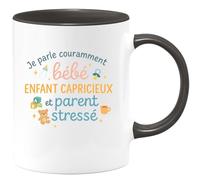 quotedazur - Mug Je parle couramment bébé, enfant capricieux et parent stressé - Tasse Cadeau Nounou Femme - Noir/Céramique