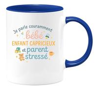 quotedazur - Mug Je parle couramment bébé, enfant capricieux et parent stressé - Tasse Cadeau Nounou Femme - Bleu/Céramique