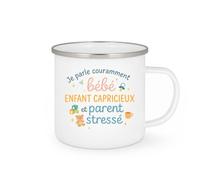 quotedazur - Mug Je parle couramment bébé, enfant capricieux et parent stressé - Tasse Cadeau Nounou Femme - Blanc/Emaillé