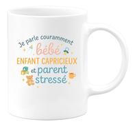 quotedazur - Mug Je parle couramment bébé, enfant capricieux et parent stressé - Tasse Cadeau Nounou Femme - Blanc/Céramique