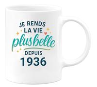 quotedazur - Mug Je rends la vie plus belle depuis 1936 - Tasse Cadeau 89 ans Femme - Blanc/Céramique