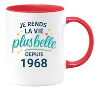 quotedazur - Mug Je rends la vie plus belle depuis 1968 - Tasse Cadeau 57 ans Femme - Rouge/Céramique