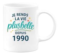 quotedazur - Mug Je rends la vie plus belle depuis 1990 - Tasse Cadeau 35 ans Femme - Blanc/Céramique