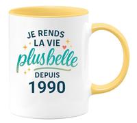 quotedazur - Mug Je rends la vie plus belle depuis 1990 - Tasse Cadeau 35 ans Femme - Jaune/Céramique