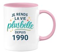 quotedazur - Mug Je rends la vie plus belle depuis 1990 - Tasse Cadeau 35 ans Femme - Rose/Céramique