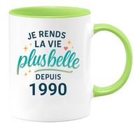 quotedazur - Mug Je rends la vie plus belle depuis 1990 - Tasse Cadeau 35 ans Femme - Vert/Céramique