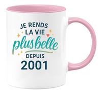 quotedazur - Mug Je rends la vie plus belle depuis 2001 - Tasse Cadeau 24 ans Femme - Rose/Céramique