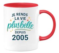 quotedazur - Mug Je rends la vie plus belle depuis 2005 - Tasse Cadeau 20 ans Femme - Rouge/Céramique