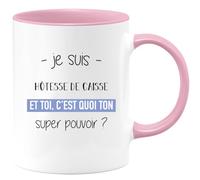 quotedazur - Mug Je Suis Hotesse de caisse Et Toi C'est Quoi Ton Super Pouvoir - Rose/Céramique