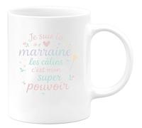 quotedazur - Mug Je suis la marraine, les câlins c'est mon super pouvoir - Tasse Cadeau Marraine Femme - Blanc/Céramique