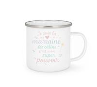 quotedazur - Mug Je suis la marraine, les câlins c'est mon super pouvoir - Tasse Cadeau Marraine Femme - Blanc/Emaillé
