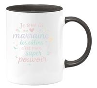 quotedazur - Mug Je suis la marraine, les câlins c'est mon super pouvoir - Tasse Cadeau Marraine Femme - Noir/Céramique