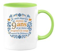 quotedazur - Mug je suis mariée depuis 9 ans et je tiens toujours le coup, merci la faïence - Tasse Cadeau Noces de Faïence Femme - Vert/Céramique