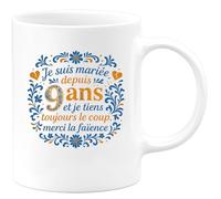 quotedazur - Mug je suis mariée depuis 9 ans et je tiens toujours le coup, merci la faïence - Tasse Cadeau Noces de Faïence Femme - Blanc/Céramique