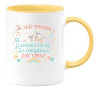 quotedazur - Mug Je suis nounou, je connais toutes les comptines par cœur - Tasse Cadeau Nounou Femme - Jaune/Céramique