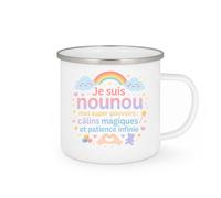 quotedazur - Mug Je suis nounou, mes super-pouvoirs : câlins magiques et patience infinie - Tasse Cadeau Nounou Femme - Blanc/Emaillé