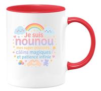 quotedazur - Mug Je suis nounou, mes super-pouvoirs : câlins magiques et patience infinie - Tasse Cadeau Nounou Femme - Rouge/Céramique