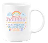 quotedazur - Mug Je suis nounou, mes super-pouvoirs : câlins magiques et patience infinie - Tasse Cadeau Nounou Femme - Blanc/Céramique