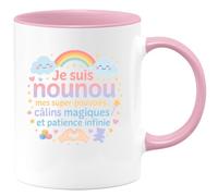 quotedazur - Mug Je suis nounou, mes super-pouvoirs : câlins magiques et patience infinie - Tasse Cadeau Nounou Femme - Rose/Céramique