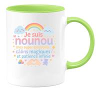 quotedazur - Mug Je suis nounou, mes super-pouvoirs : câlins magiques et patience infinie - Tasse Cadeau Nounou Femme - Vert/Céramique