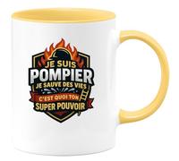 quotedazur - Mug je suis pompier je sauve des vies c'est quoi ton super pouvoir - Tasse Cadeau Pompier Femme - Jaune/Céramique