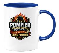 quotedazur - Mug je suis pompier je sauve des vies c'est quoi ton super pouvoir - Tasse Cadeau Pompier Femme - Bleu/Céramique