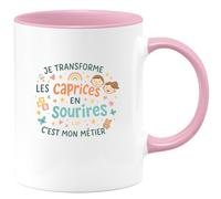quotedazur - Mug Je transforme les caprices en sourires, c'est mon métier - Tasse Cadeau Nounou Femme - Rose/Céramique