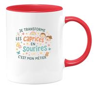 quotedazur - Mug Je transforme les caprices en sourires, c'est mon métier - Tasse Cadeau Nounou Femme - Rouge/Céramique
