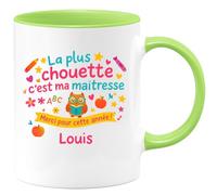 quotedazur - Mug La plus chouette c'est ma maîtresse. Merci pour cette année ! Prénom enfant - Tasse Cadeau Maîtresse d'école Personnalisé Femme - Vert/Céramique