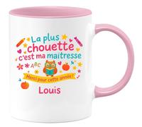 quotedazur - Mug La plus chouette c'est ma maîtresse. Merci pour cette année ! Prénom enfant - Tasse Cadeau Maîtresse d'école Personnalisé Femme - Rose/Céramique