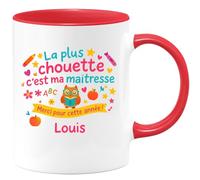 quotedazur - Mug La plus chouette c'est ma maîtresse. Merci pour cette année ! Prénom enfant - Tasse Cadeau Maîtresse d'école Personnalisé Femme - Rouge/Céramique
