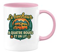 quotedazur - Mug Le bonheur a quatre roues et un lit - Tasse Cadeau Camping-car - Rose/Céramique