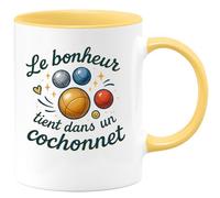 quotedazur - Mug Le bonheur tient dans un cochonnet - Tasse Cadeau Pétanque Homme - Jaune/Céramique
