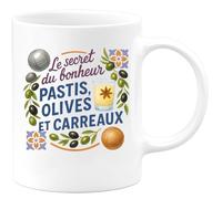 quotedazur - Mug Le secret du bonheur : pastis, olives et carreaux - Tasse Cadeau Pétanque Homme - Blanc/Céramique