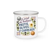 quotedazur - Mug Le secret du bonheur : pastis, olives et carreaux - Tasse Cadeau Pétanque Homme - Blanc/Emaillé