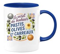 quotedazur - Mug Le secret du bonheur : pastis, olives et carreaux - Tasse Cadeau Pétanque Homme - Bleu/Céramique